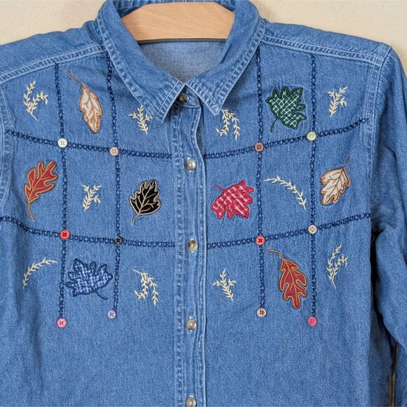 VTG 90s Cabin Creek Women's PXL Denim Button up Leaves Leaf Embroidery Buttons - Picture 2 of 7